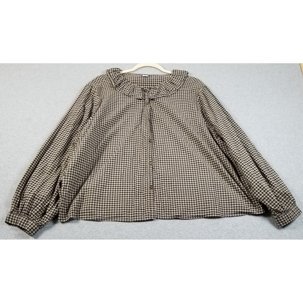 Old Navy Blouse Womens XXL Tall 2XLT Black Tan Plaid Ruffle Collar Button Up Top